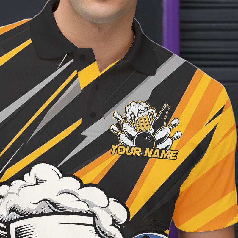 Custom Black And Yellow Funny Beer Bowling Men Polo Shirts, Angry Beer Glass Bowling Jersey IPHW8933