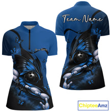 Load image into Gallery viewer, Custom Blue Butterfly Bowling Women Quarter-Zip Shirts, Team Tournament Bowlers Outfit IPHW11042