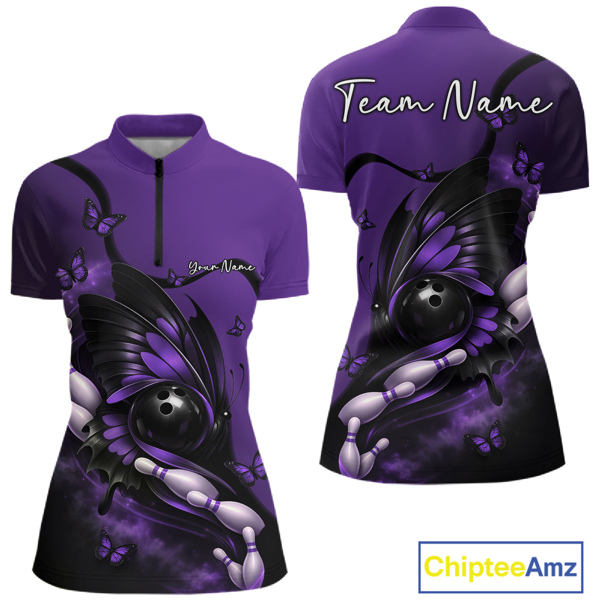 Front and back view of a purple and black women’s bowling quarter-zip shirt featuring a butterfly wrapped around a bowling ball with bowling pins.