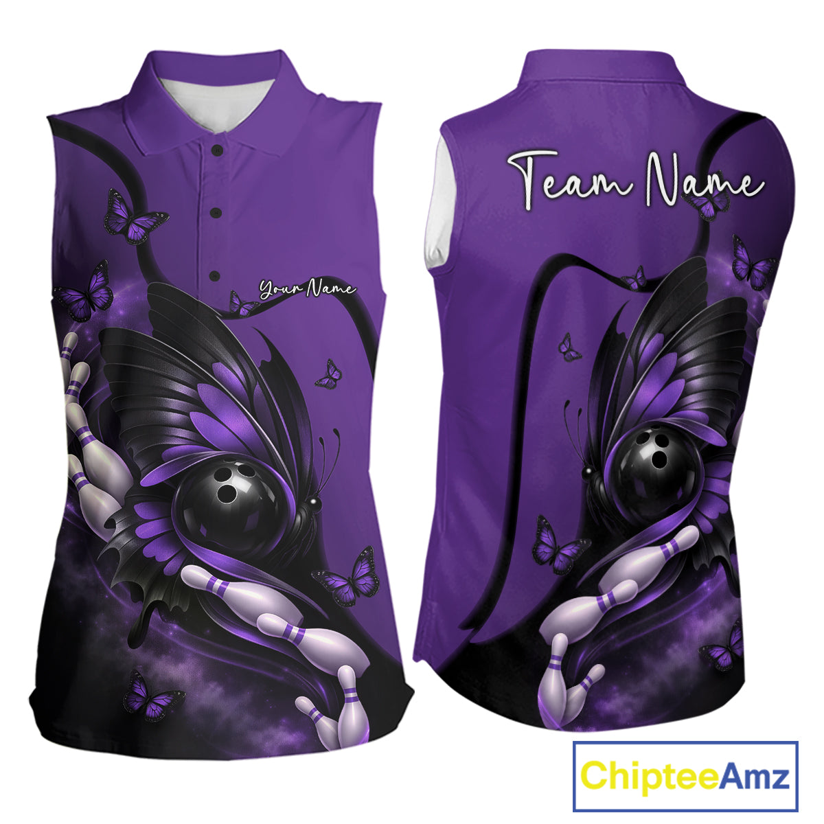 Women’s sleeveless bowling shirt in purple and black, displayed front and back with a butterfly wrapped around a bowling ball and bowling pins.