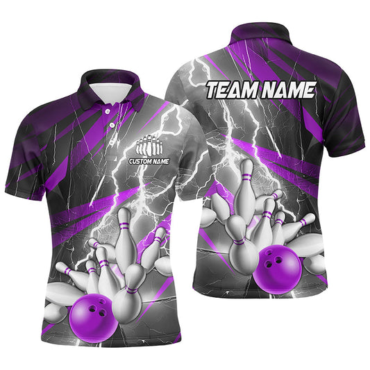 Purple Lightning Strike Custom Bowling Polo Shirts For Men, Team Bowling Shirts Bowler Outfit IPHW6855