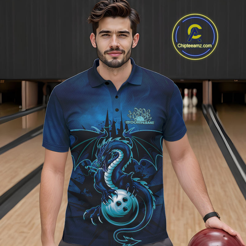 Custom Black And Blue Dragon Bowling Polo Shirts For Men, Dragon League Team Shirt IPHW9532