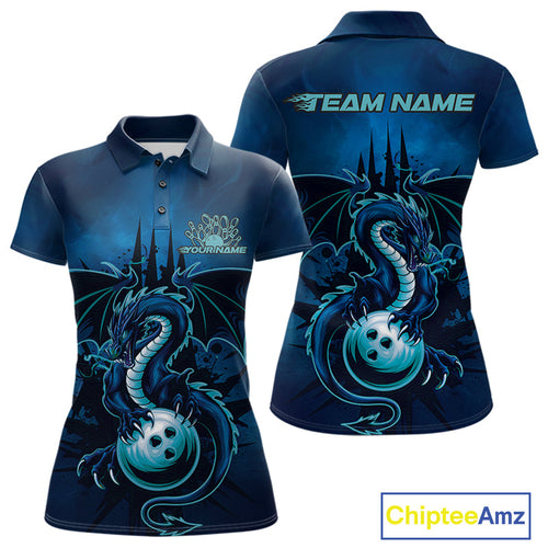 Custom Black And Blue Dragon Bowling Polo Shirts For Women, Dragon League Team Shirt IPHW9532