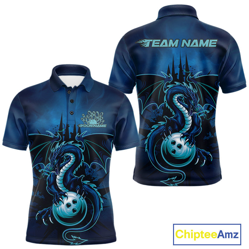 Custom Black And Blue Dragon Bowling Polo Shirts For Men, Dragon League Team Shirt IPHW9532