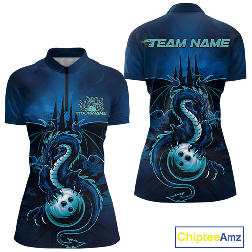 Custom Black And Blue Dragon Bowling Women Quarter-Zip Shirt, Dragon League Team Shirt IPHW9532