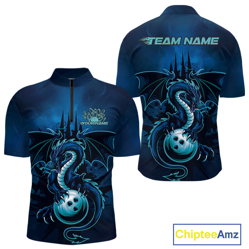 Custom Black And Blue Dragon Bowling Quarter-Zip Shirts For Men, Dragon League Team Shirt IPHW9532