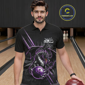 Custom Black And Purple Dragon Bowling Polo Shirts For Men, Dragon Bowling Team Shirt IPHW9538