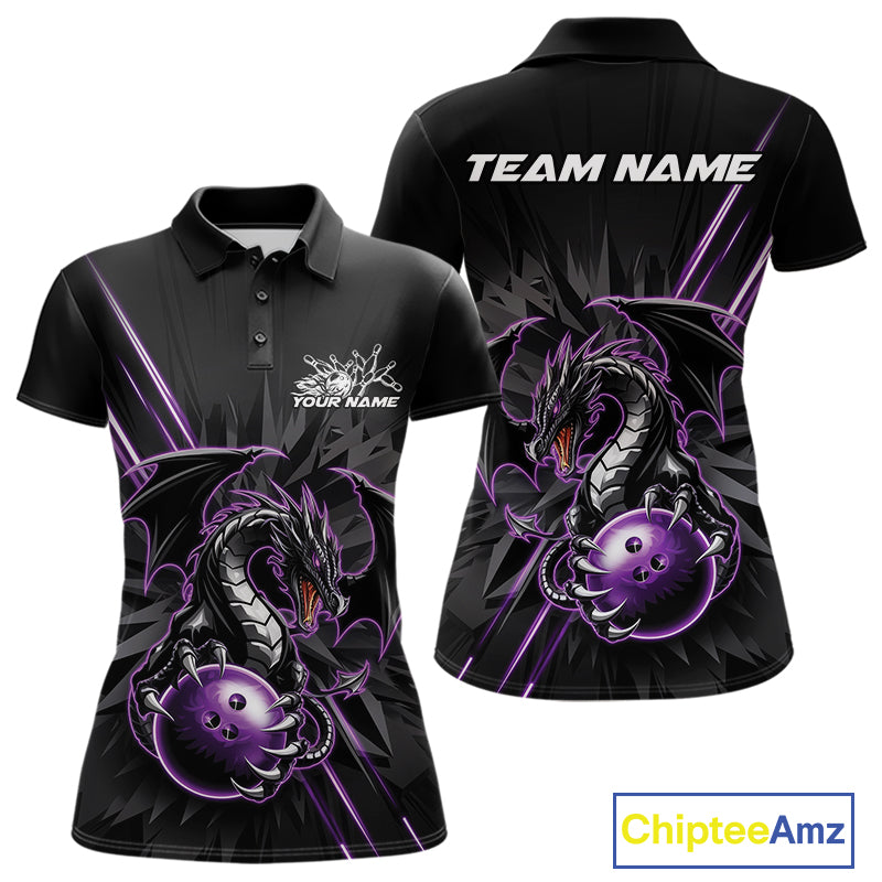 Custom Black And Purple Dragon Bowling Polo Shirts For Women, Dragon Bowling Team Shirt IPHW9538