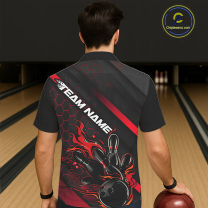 Custom Black And Red Flame Bowling Men Hawaiian Shirts, Bowling Team Bowling League Shirts IPHW7210
