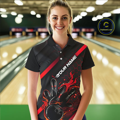 Custom Black And Red Flame Bowling Shirts For Women, Bowling Team Bowling League Shirts IPHW7210