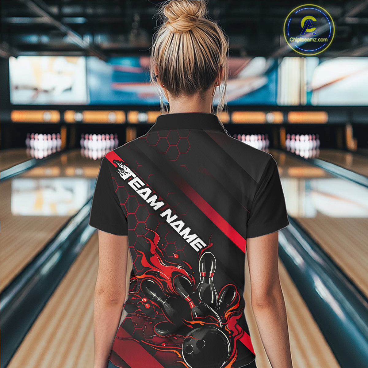 Custom Black And Red Flame Bowling Shirts For Women, Bowling Team Bowling League Shirts IPHW7210
