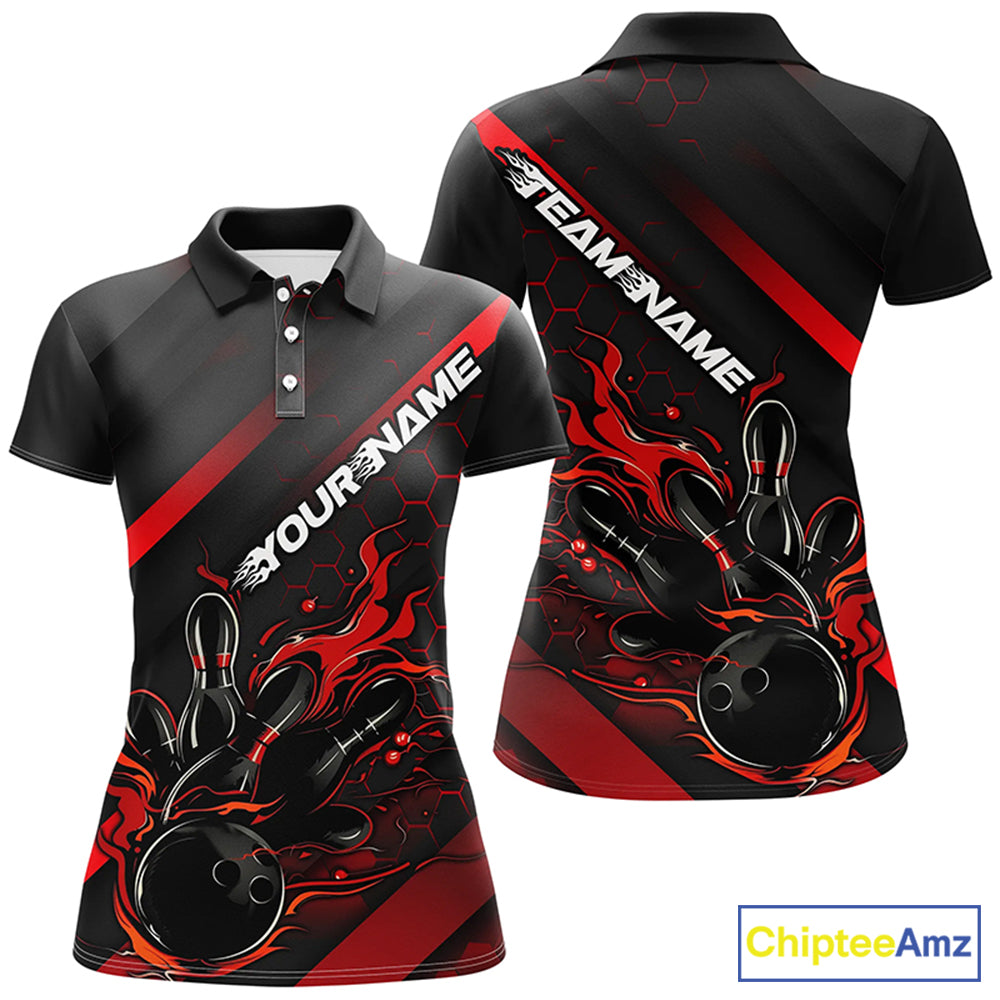 Custom Black And Red Flame Bowling Shirts For Women, Bowling Team Bowling League Shirts IPHW7210