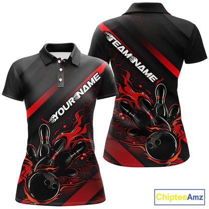 Custom Black And Red Flame Bowling Shirts For Women, Bowling Team Bowling League Shirts IPHW7210