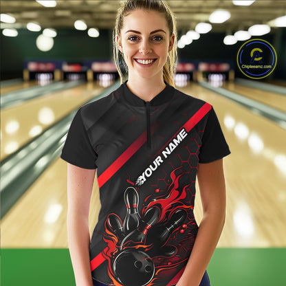 Custom Black And Red Flame Bowling Shirts For Women, Bowling Team Bowling League Shirts IPHW7210