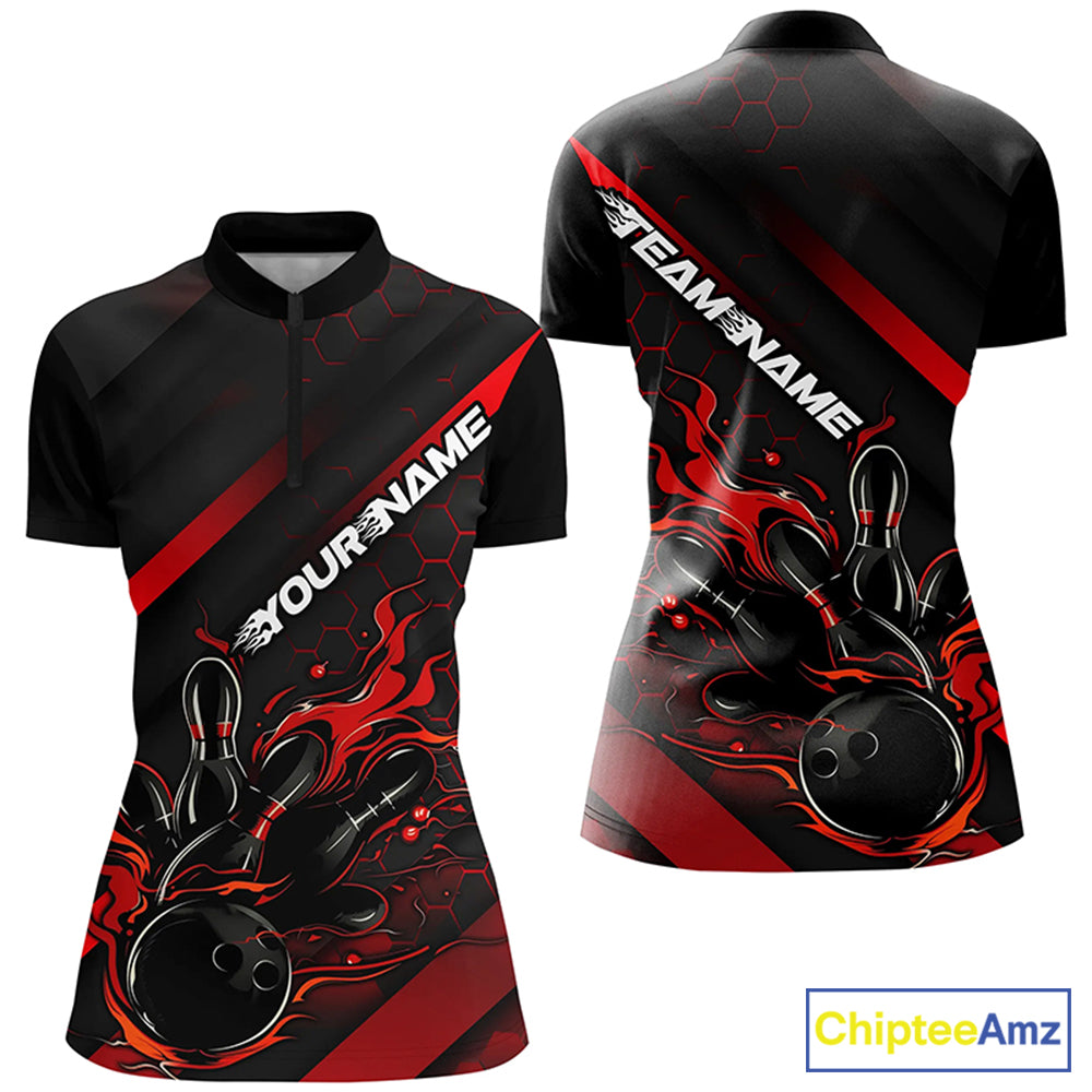 Custom Black And Red Flame Bowling Shirts For Women, Bowling Team Bowling League Shirts IPHW7210