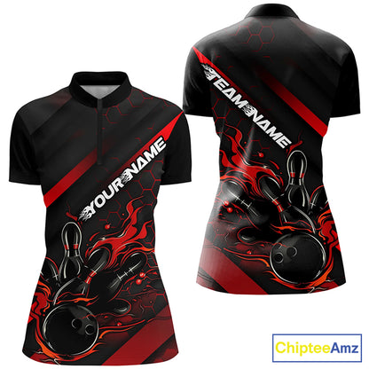 Custom Black And Red Flame Bowling Shirts For Women, Bowling Team Bowling League Shirts IPHW7210