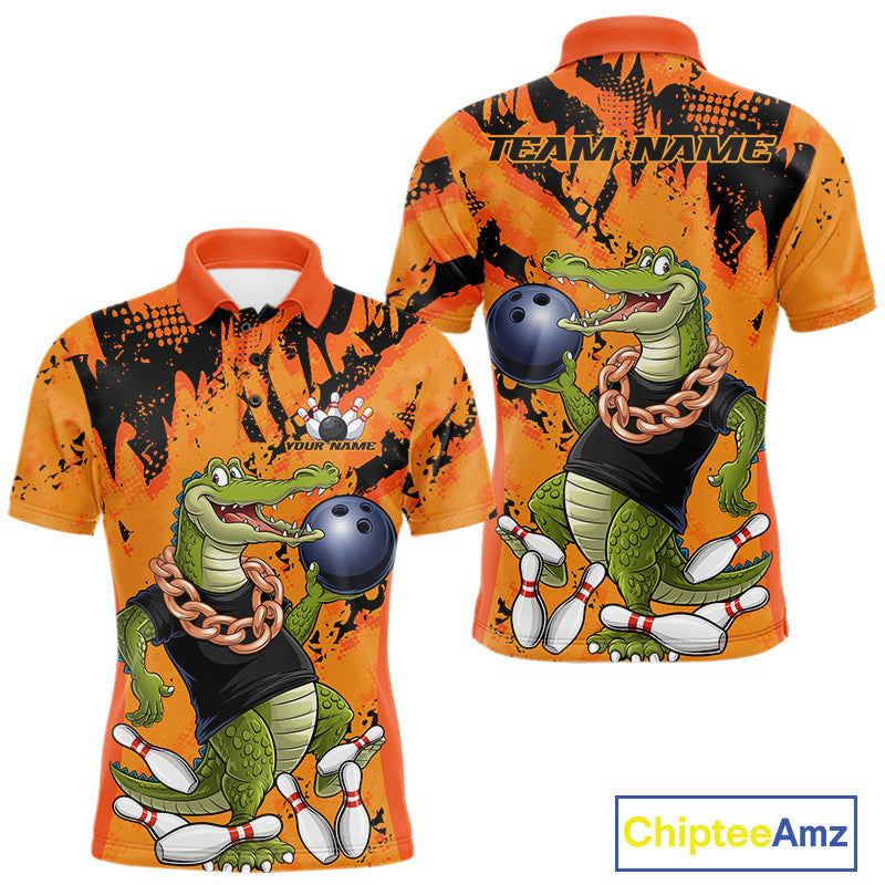 Custom Funny Alligator Bowling Polo Shirt For Men, Grunge Orange Bowling Team Jerseys IPHW9923