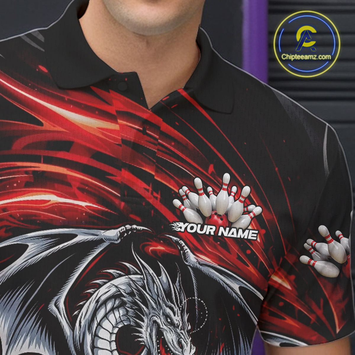 Custom Black And Red Fire Flame Dragon Bowling Jerseys Bowling Team Men Polo Shirt IPHW10291