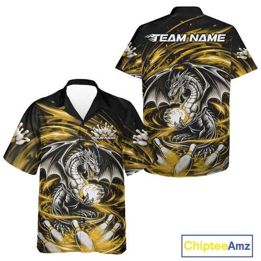 Custom Black And Yellow Fire Flame Dragon Bowling Jerseys Bowling Team Men And Women Hawaiian Shirt IPHW10294