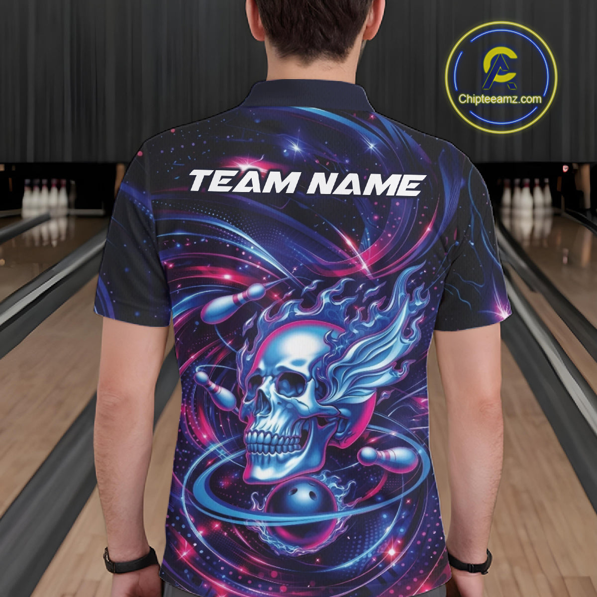 Custom Galaxy Flame Skull Bowling Team Men Polo Shirt, Bowling Tournament Outfit IPHW10296