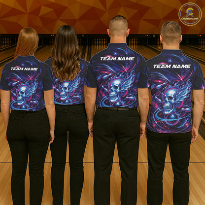 Custom Galaxy Flame Skull Bowling Team Men Polo Shirt, Bowling Tournament Outfit IPHW10296