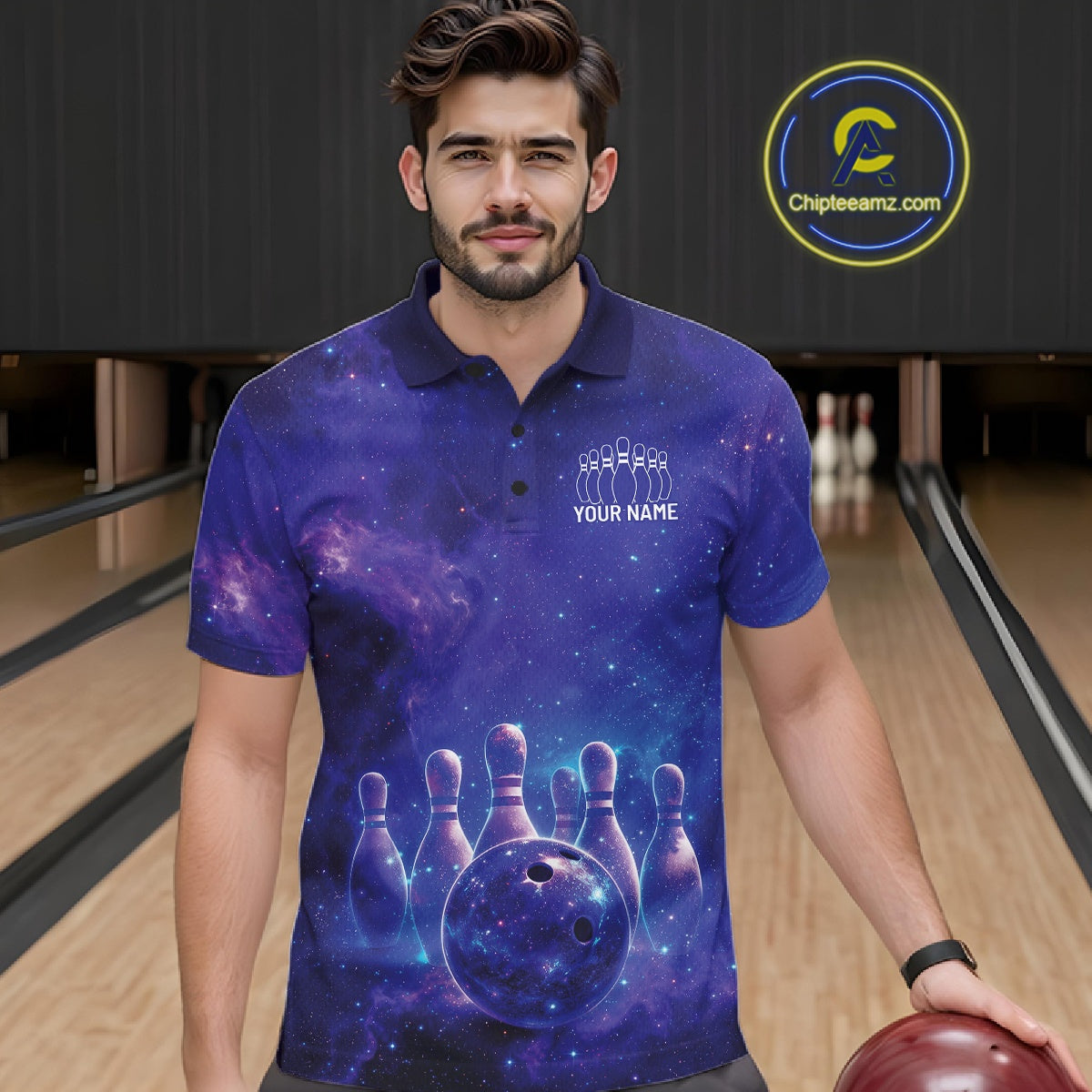 Custom Purple And Blue Galaxy Bowling Team Shirts For Men, Sparkling Sky Bowling Jerseys IPHW10530