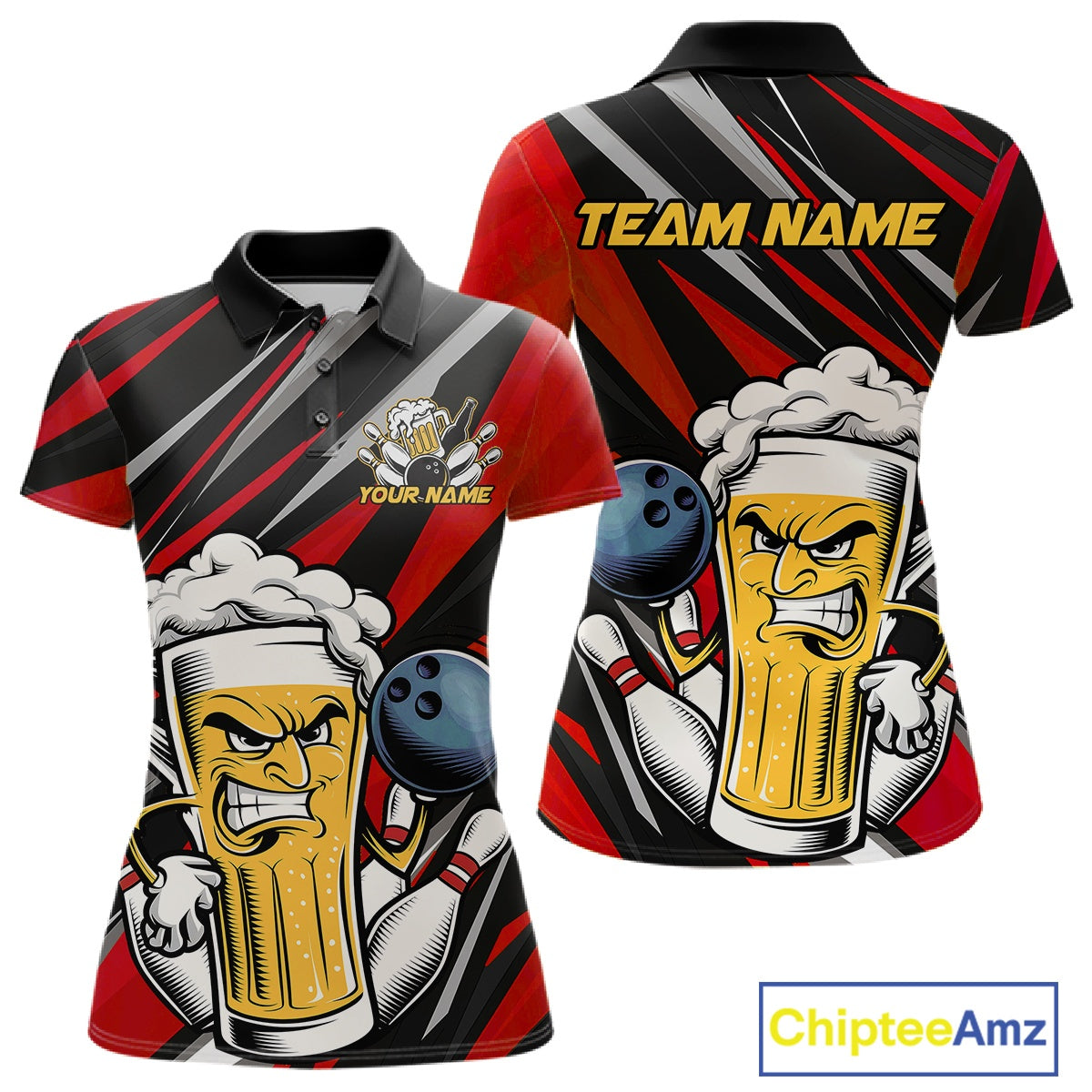 Custom Funny Red Bowling Jerseys Bowling And Beer Women Polo Shirts, Bowling Jerseys IPHW10532