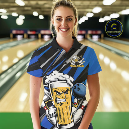 Custom Funny Blue Bowling Jerseys Bowling And Beer Women Polo Shirts, Bowling Jerseys IPHW10533