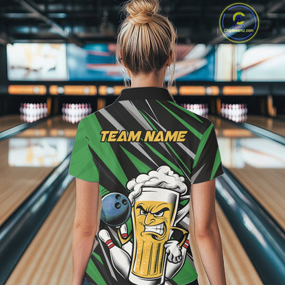 Custom Funny Green Bowling Jerseys Bowling And Beer Women Polo Shirts, Bowling Jerseys IPHW10534