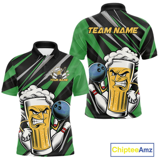 Custom Funny Green Bowling Jerseys Bowling And Beer Men Polo Shirts, Bowling Jerseys IPHW10534