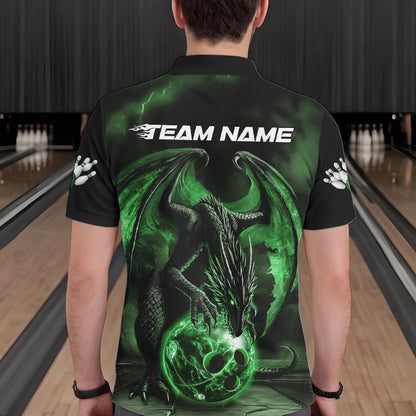 Black And Green Custom Bowling Team Polo Shirts For Men, Dragon Bowling League Shirts IPHW8691
