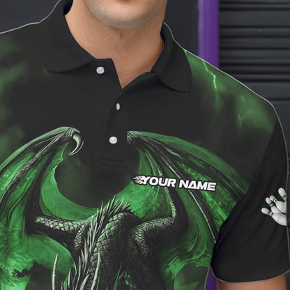 Black And Green Custom Bowling Team Polo Shirts For Men, Dragon Bowling League Shirts IPHW8691
