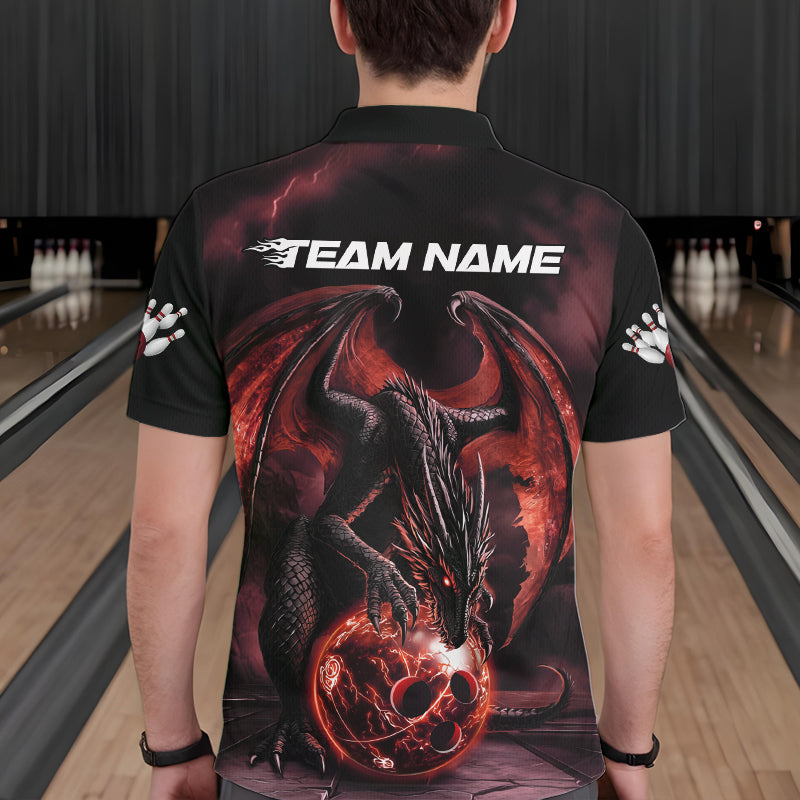Black And Orange Custom Bowling Team Polo Shirts For Men, Dragon Bowling League Shirts IPHW8692