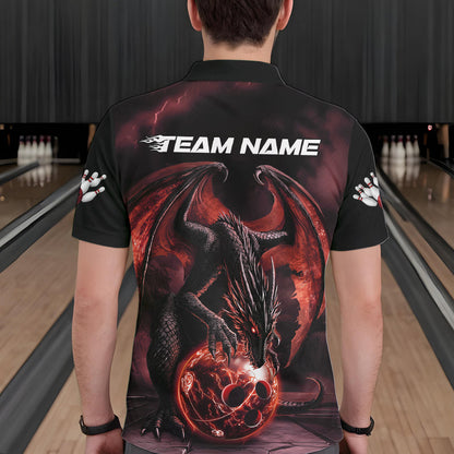 Black And Orange Custom Bowling Team Polo Shirts For Men, Dragon Bowling League Shirts IPHW8692