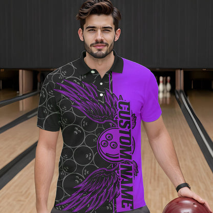Black And Purple Custom Bowling Ball And Wings Bowling Polo Shirts For Men, Team Uniform IPHW8693