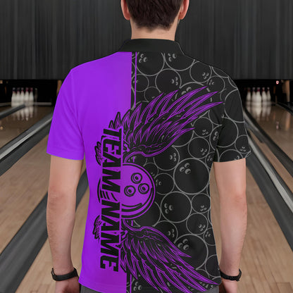 Black And Purple Custom Bowling Ball And Wings Bowling Polo Shirts For Men, Team Uniform IPHW8693