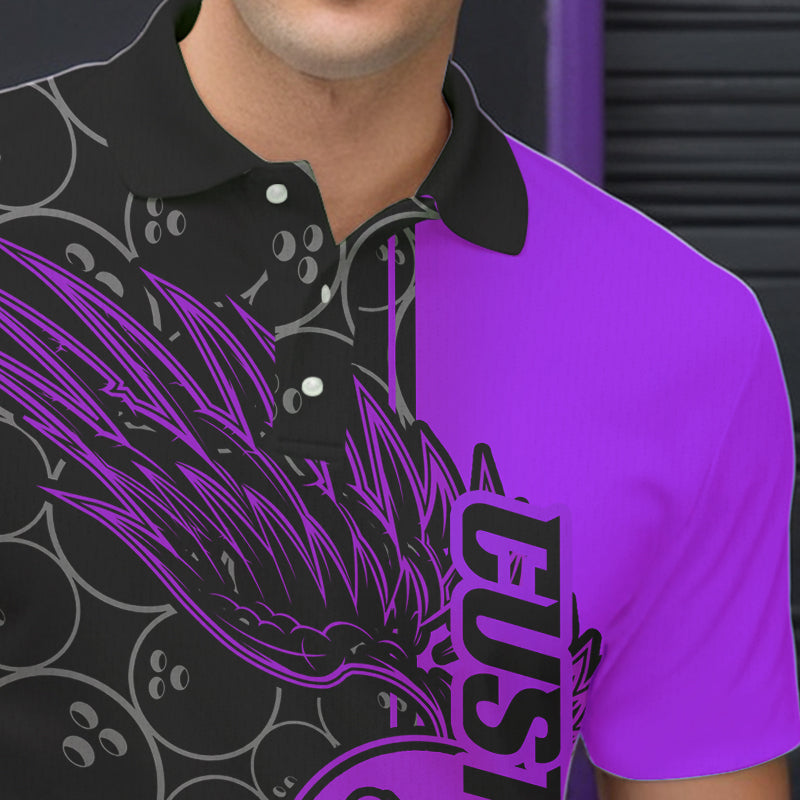 Black And Purple Custom Bowling Ball And Wings Bowling Polo Shirts For Men, Team Uniform IPHW8693