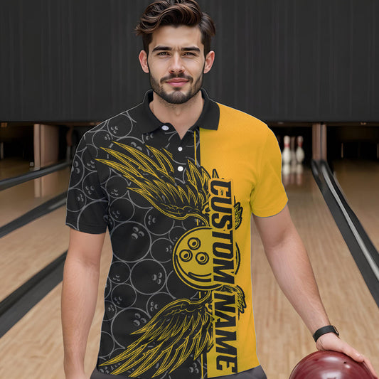 Black And Yellow Custom Bowling Ball And Wings Bowling Polo Shirts For Men, Team Uniform IPHW8694