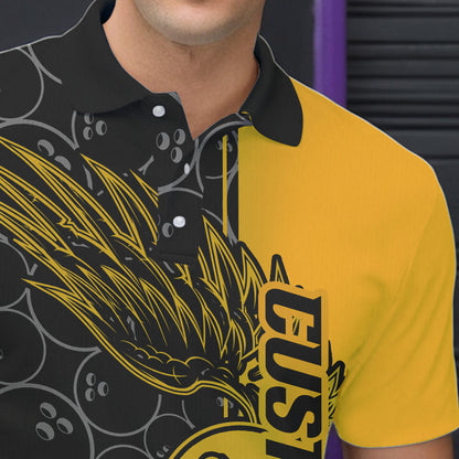 Black And Yellow Custom Bowling Ball And Wings Bowling Polo Shirts For Men, Team Uniform IPHW8694
