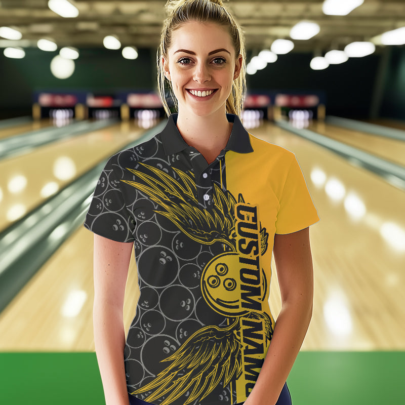 Black And Yellow Custom Bowling Ball And Wings Bowling Polo Shirts For Women, Team Uniform IPHW8694