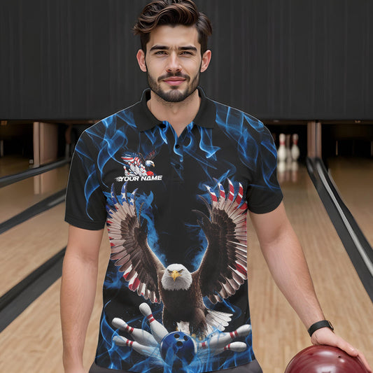 Personalized Blue Flame US Eagle Bowling Men Polo Shirts, Patriotic Bowling League Shirt IPHW8935
