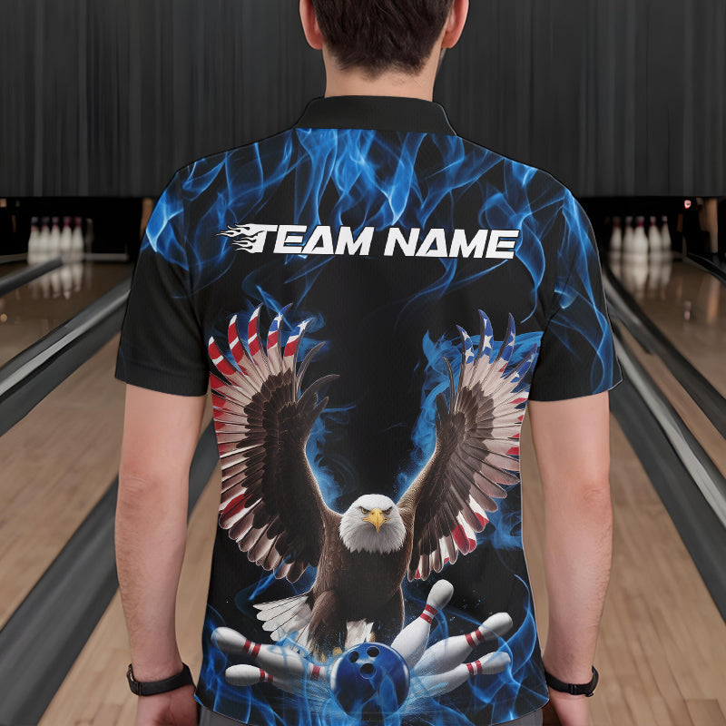 Personalized Blue Flame US Eagle Bowling Men Polo Shirts, Patriotic Bowling League Shirt IPHW8935