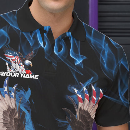 Personalized Blue Flame US Eagle Bowling Men Polo Shirts, Patriotic Bowling League Shirt IPHW8935