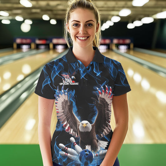 Personalized Blue Flame US Eagle Bowling Women Polo Shirts, Patriotic Bowling League Shirt IPHW8935