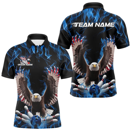 Personalized Blue Flame US Eagle Bowling Men Polo Shirts, Patriotic Bowling League Shirt IPHW8935