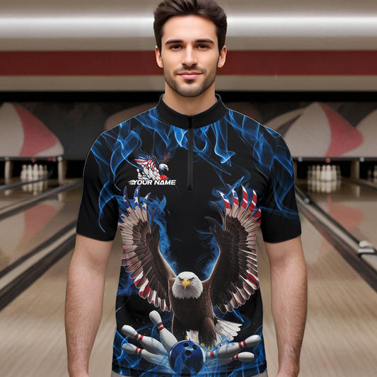 Personalized Blue Flame US Eagle Bowling Men Quarter-Zip Shirts, Patriotic Bowling League Shirt IPHW8935