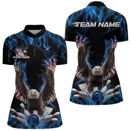 Personalized Blue Flame US Eagle Bowling Women Quarter-Zip Shirts, Patriotic Bowling Shirt IPHW8935