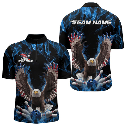 Personalized Blue Flame US Eagle Bowling Men Quarter-Zip Shirts, Patriotic Bowling League Shirt IPHW8935