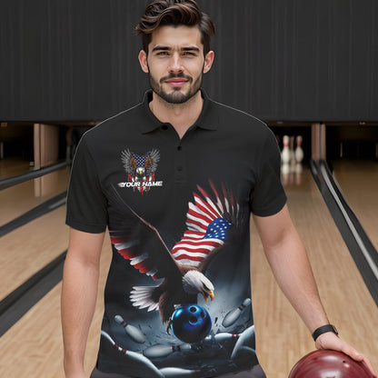 Custom American Flag Eagle Bowling Team Men Polo Shirts, Patriotic US Bowling League Shirt IPHW8937