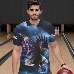 Custom Blue Lightning Patrotic Eagle Bowling Men Polo Shirt, US Flag Bowling Team Shirt IPHW8938